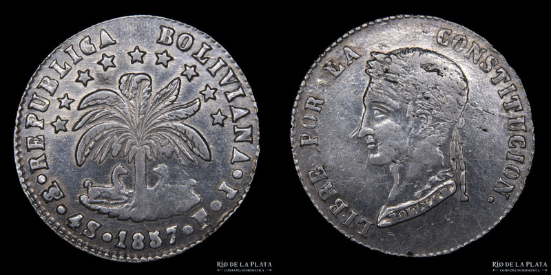 Bolivia. 4 Soles 1857 FJ. AG.667; 32mm; 12.45g. KM123.2 (XF) Hairlines
Estimate...