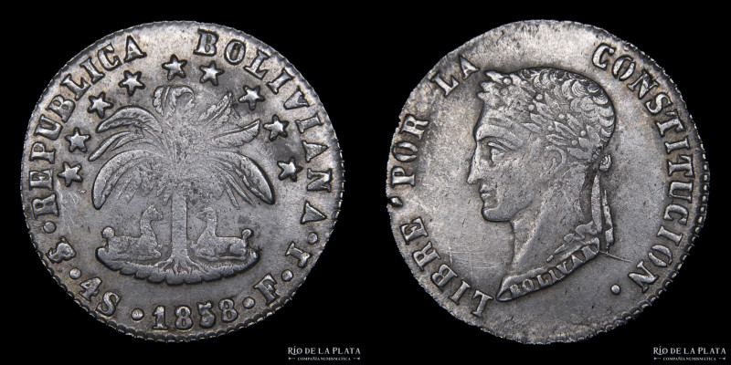 Bolivia. 4 Soles 1858 FJ. AG.667; 32mm; 13.48g. KM123.2 (XF) Hairlines
Estimate...