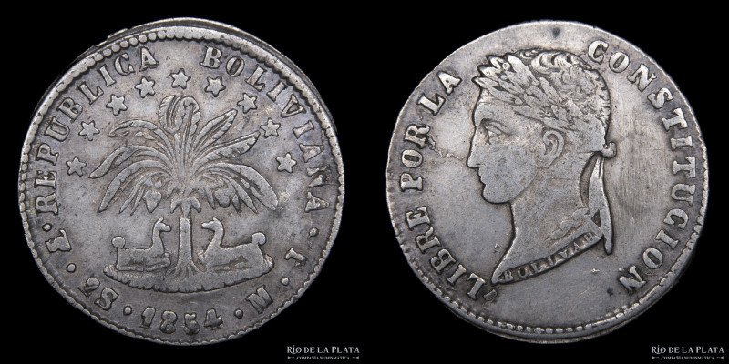 Bolivia. 2 Soles 1854 MJ. AG.667; 25mm; 6.79g. KM121.2 (VF) rayas a la derecha d...
