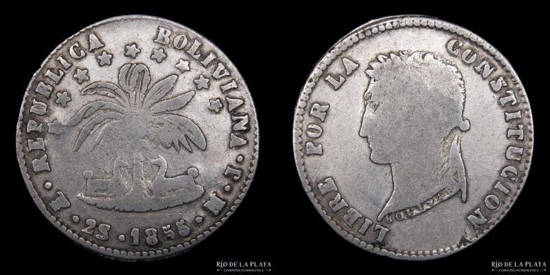 Bolivia. 2 Soles 1855 MJ. AG.667; 25mm; 6.62g. KM121.2 (F) 
Estimate: USD 40-60