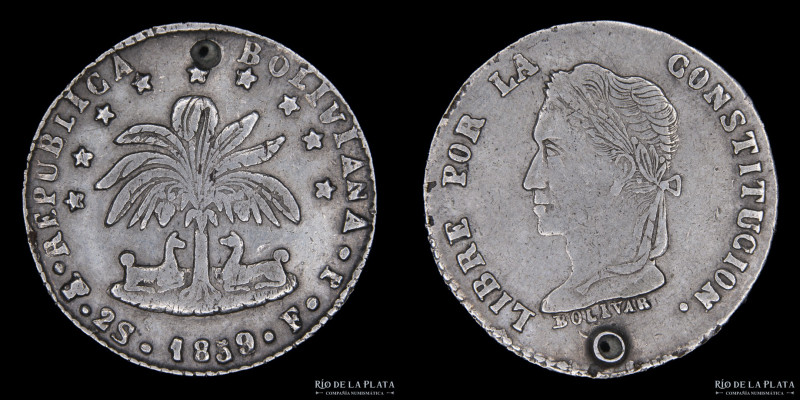 Bolivia. 2 Soles 1859/8 FJ/P Invertida. AG.667; 25mm; 6.97g. KM121.3 (F) Perfora...