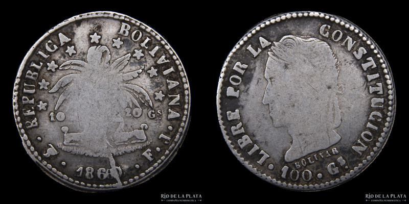 Bolivia. 2 Soles 1860/60 FJ. Simón Bolivar. Importante retoque de cuño con doble...