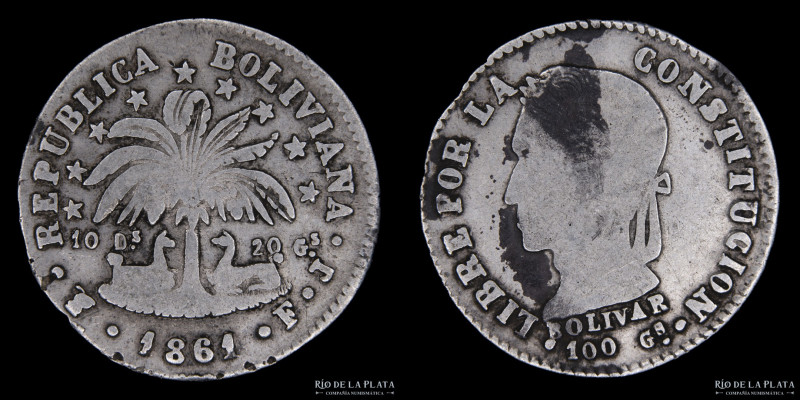 Bolivia. 2 Soles 1861 FJ. Simón Bolivar. AG.903; 24.0mm; 5.05g. KM135. (F) Perfo...