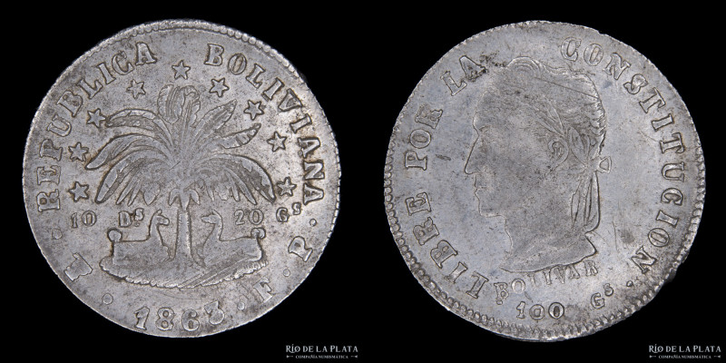 Bolivia. 2 Soles 1863 FP. AG.903; 24.0mm; 4.99g. KM135.2 (XF)
Estimate: USD 40-...