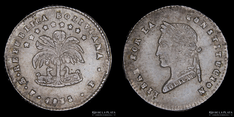 Bolivia. 1/2 Sol 1853 FP. Sin denominación facial. AG.667; 17mm; 1.76g. KM118.1 ...
