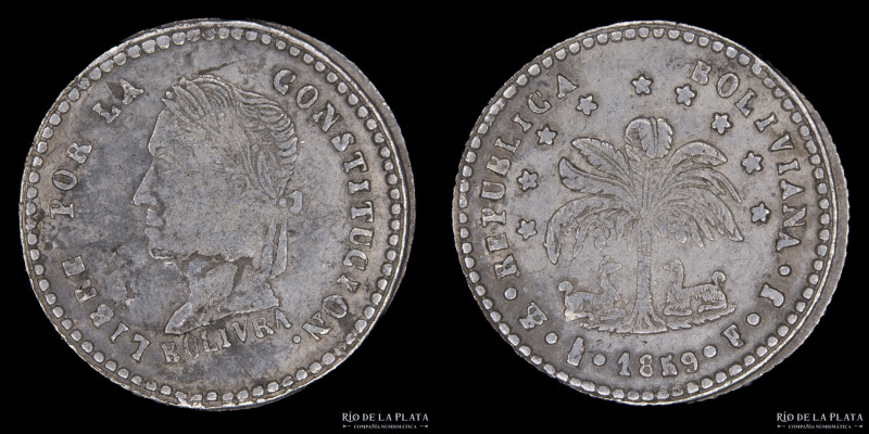 Bolivia. 1/2 Sol 1859 FJ. Error BOLIVRA. AG; 15mm; 1.55g. KM118.3 (VF+) cospel c...