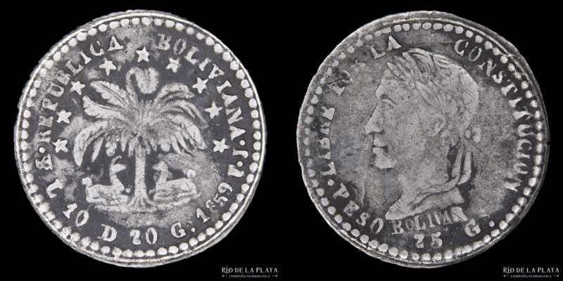 Bolivia. 1/2 Sol 1859 FJ. Con peso. AG.903; 17mm; 1.26g. KM133.2 (VF) 
Estimate...