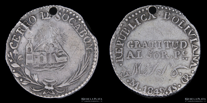 Bolivia. 1 Sol 1849 JM. Oruro Mint. Socabon. AG; 20m; 3.70g. KM85.1 (VF) Perfora...