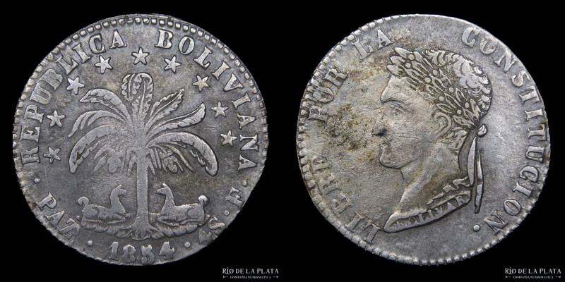 Bolivia. 4 Soles 1854 J. La Paz Mint. Busto laureado tipo "Potosi Style". AG.667...