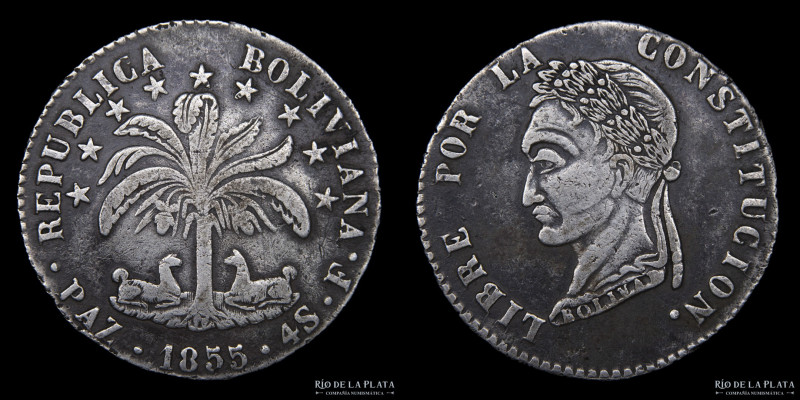 Bolivia. 4 Soles 1855 F. La Paz Mint. Busto laureado tipo "La Paz Crude". AG.667...