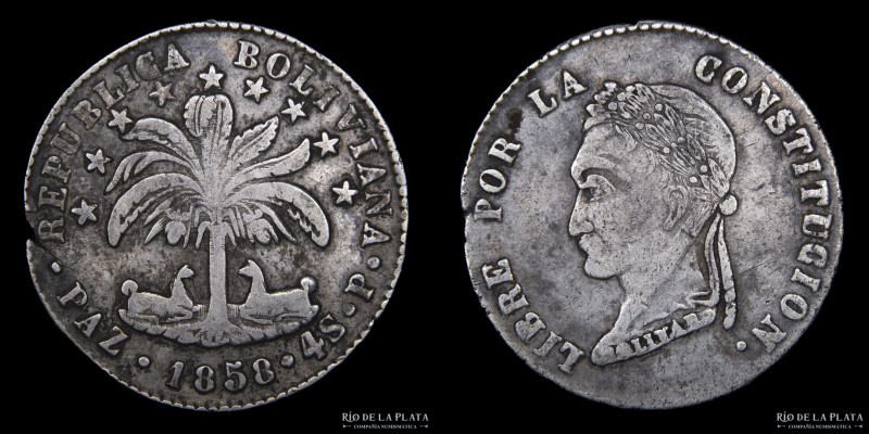 Bolivia. 4 Soles 1858 P en PAZ. Muy escasa. La Paz Mint. Busto laureado tipo "La...