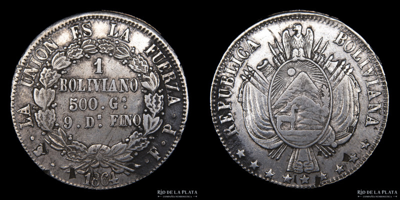 Bolivia. 1 Boliviano 1864 FP. Estrellas central separada. AG.900, 36.0mm; 24.77g...