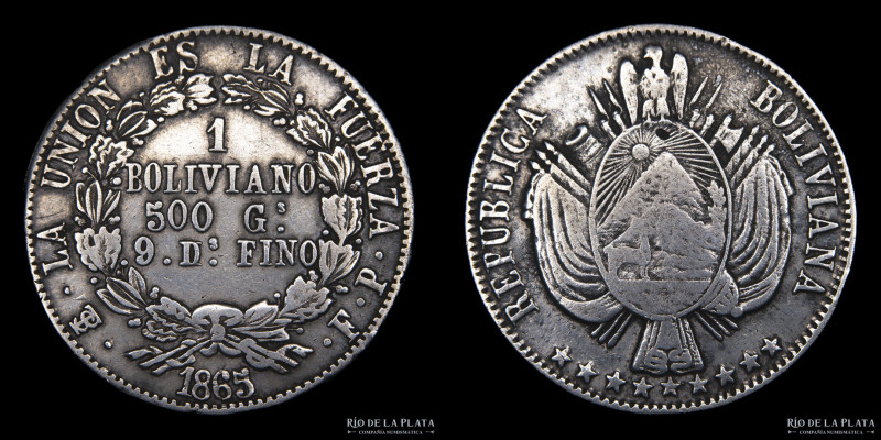 Bolivia. 1 Boliviano 1865/1 FP. "D" invertida y corregida en "9 Dos Fino". AG.90...