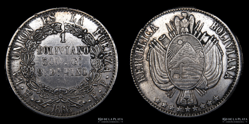 Bolivia. 1 Boliviano 1866 FP. AG.900, 36.0mm; 25.06g. KM152.1 (XF) Limpiada
Est...