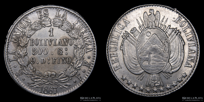 Bolivia. 1 Boliviano 1867/6 FP. 9 estrellas. AG.900, 36.0mm; 24.86g. KM152.2 (XF...