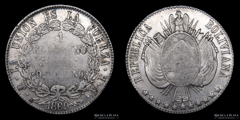 Bolivia. 1 Boliviano 1869 FE. 11 estrellas. AG.900, 36.0mm; 24.90g. KM152.2 (XF)...