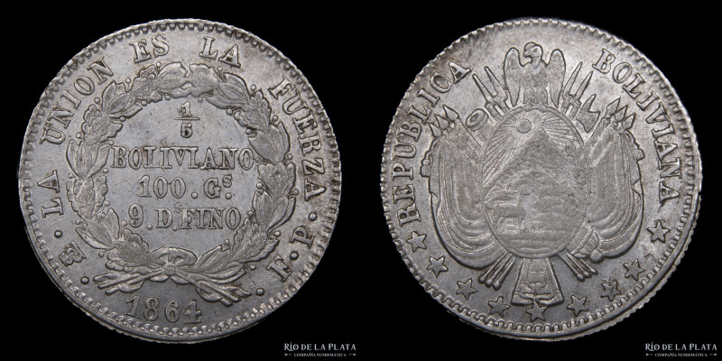 Bolivia. 1/5 Boliviano 1864 FP. 9 estrellas sobre 11. Cuño retocado. Interesante...