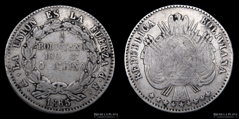 Bolivia. 1/5 Boliviano 1865 FP. AG.900; 24mm; 5.11g. KM151.2 (VF) 
Estimate: US...