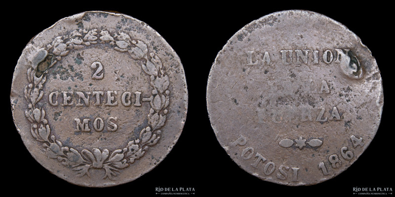 Bolivia. 2 Centesimos 1864. CU; 26mm; 7.65g. KM148 (VF) Golpe en reverso 
Estim...