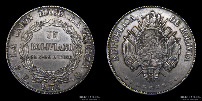 Bolivia. 1 Boliviano 1872 FE. 9 estrellas. AG.900; 37mm; 25.09g. KM155.4 (XF-) L...