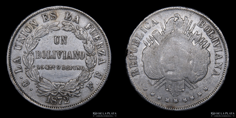 Bolivia. 1 Boliviano 1872 FE. F/L en LA FUERZA. AG.900; 37mm; 24.69g. KM160.1 (X...