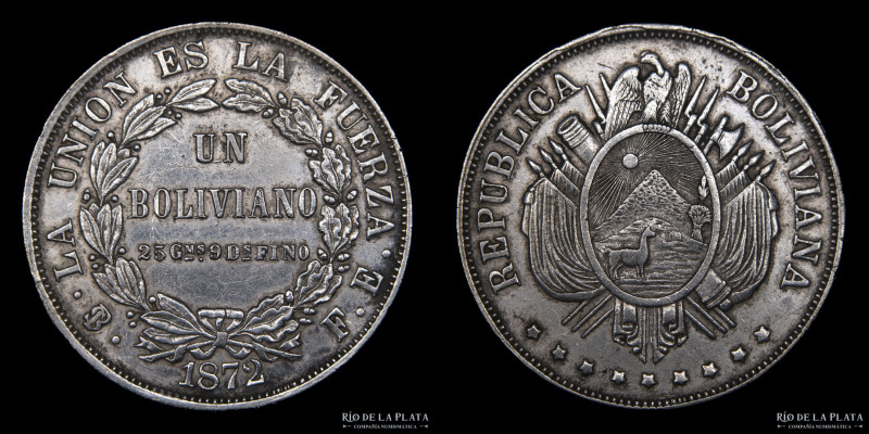 Bolivia. 1 Boliviano 1872 ER. 9 estrellas. AG.900; 37mm; 24.75g. KM160.1 (XF) Li...