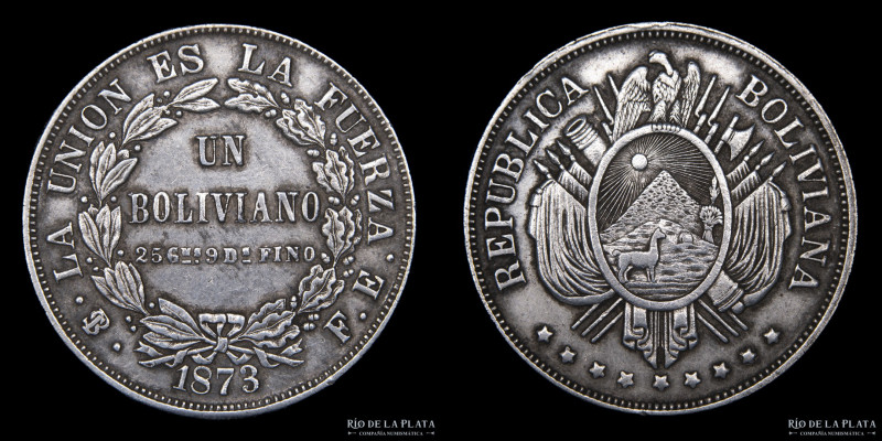 Bolivia. 1 Boliviano 1873 ER. 9 estrellas. AG.900; 37mm; 24.98g. KM160.1 (XF) Li...