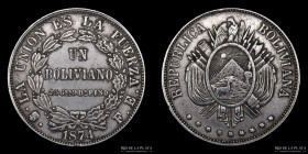 Bolivia. 1 Boliviano 1874 FE. KM160.1