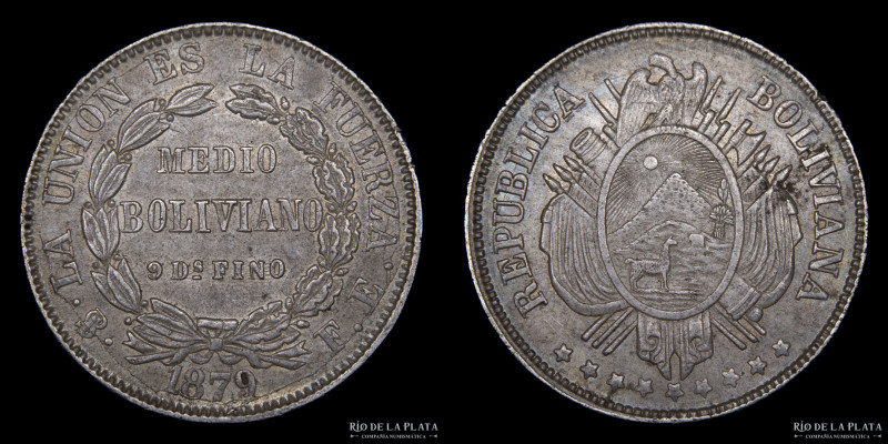 Bolivia. 50 Centavos 1879 FE. Importante rotura de cuño. AG.900; 30mm; 12.41g. K...