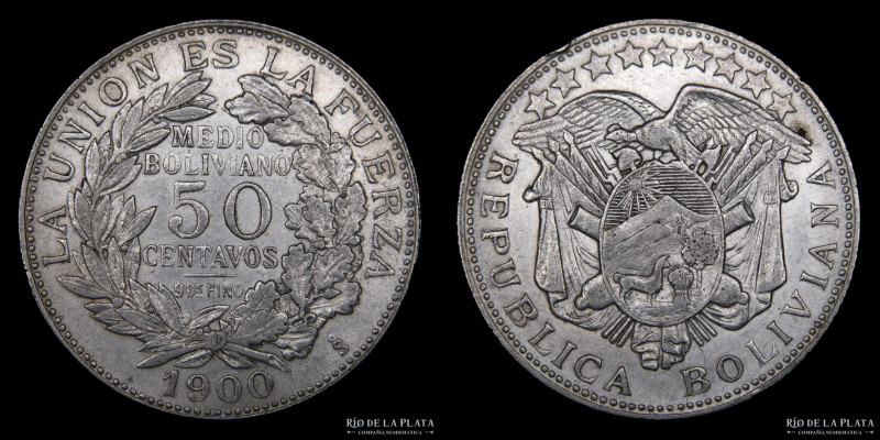 Bolivia. 50 Centavos 1900 So. Santiago Mint. AG.900; 29mm; 11.48g. KM175.2 (aUNC...