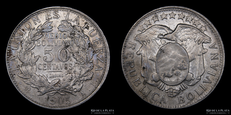 Bolivia. 50 Centavos 1905 AB. AG.900; 29mm; 11.53g. KM175.1 (aUNC)
Estimate: US...