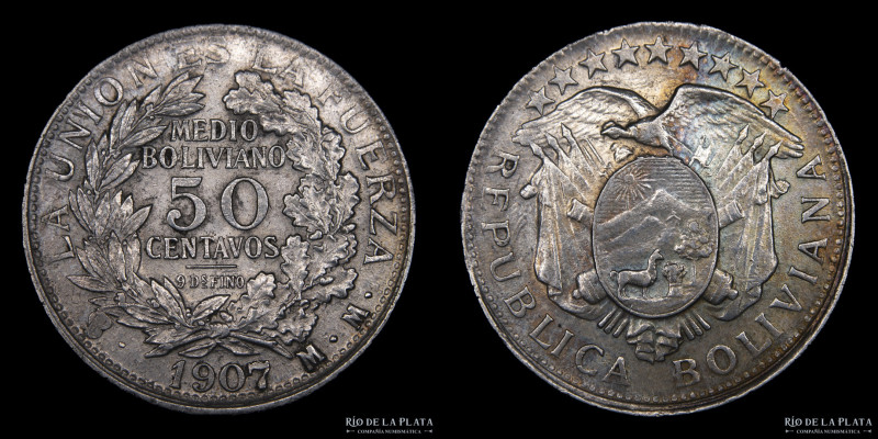 Bolivia. 50 Centavos 1907 MM. Escasa, solo 50.000 acuñadas. AG.900; 29mm; 11.52g...