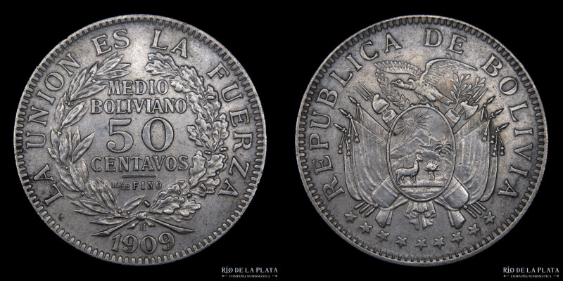 Bolivia. 50 Centavos 1909 H. AG.833; 29mm; 10.0g. KM177 (UNC)
Estimate: USD 30-...