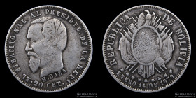 Bolivia. 20 Centavos 1879. Natalicio del Presidente Daza. Variante V invertida. RTB407