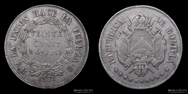 Bolivia. 20 Centavos 1871 ER. Error de cuño corregido, LA sobre FU. Interesante ...