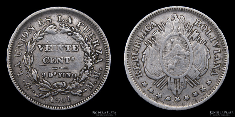 Bolivia. 20 Centavos 1901 MM. Escasa. Solo 40.000 acuñadas. AG.900; 23mm; 4.54g....