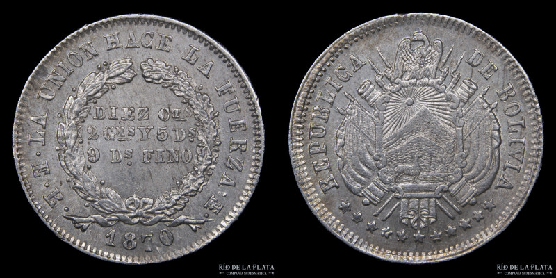 Bolivia. 10 Centavos 1870 ER. AG.900; 18.5mm; 2.30g. KM153.1 (UNC)
Estimate: US...