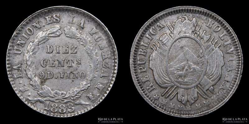 Bolivia. 10 Centavos 1883 FE. Efecto de V invertida por empaste de las letras A....