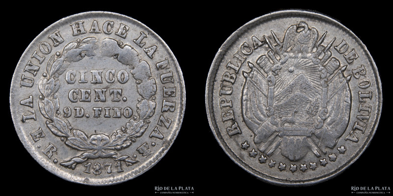 Bolivia. 5 Centavos 1871 ER. AG.900; 15mm; 1.17g. KM156.2 (XF)
Estimate: USD 50...