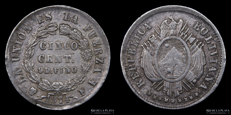 Bolivia. 5 Centavos 1874 ER. AG.900; 15mm; 1.14g. KM157.1 (XF+)
Estimate: USD 2...