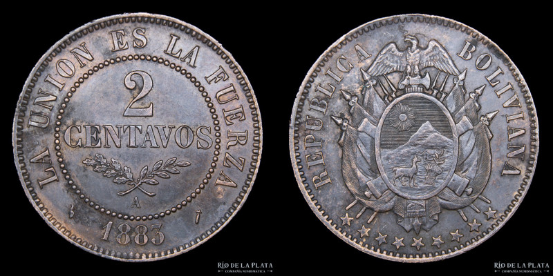 Bolivia. 2 Centavos 1883. CU; 30.0mm; 10.20g. KM168 (XF+)
Estimate: USD 50-100