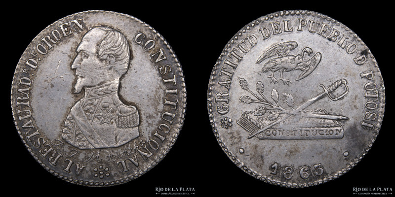 Bolivia. 1.5 Soles 1863. Medalla Monetaria. AG.900; 24mm; 5.01g. Primer Aniversa...