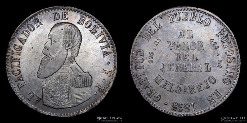 Bolivia. 1 Melgarejo 1865 FP. AG.666, 35.0mm. 20.0g. KM146 (XF+), Limpiada
Esti...