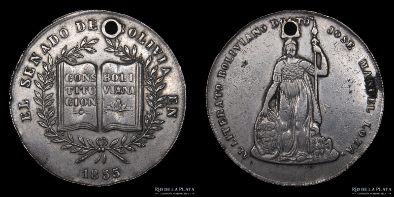 Bolivia. 1855. 8 Soles. Al literato José Manuel Loza. AG; 40mm; 26.79g. A: Repre...