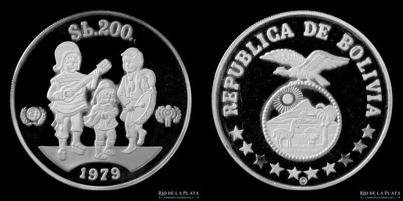 Bolivia. 200 Bolivianos 1979. Dia del niño. AG.925; 38.6mm; 23.33g. KM198 (PROOF...