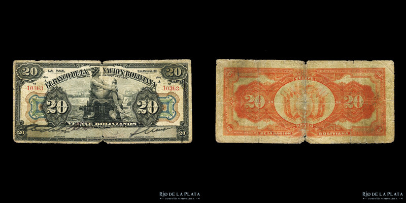 Bolivia. Banco Nacional. 20 Bolivianos 1911. Serie negra A. Impreso en ABNC. Pic...