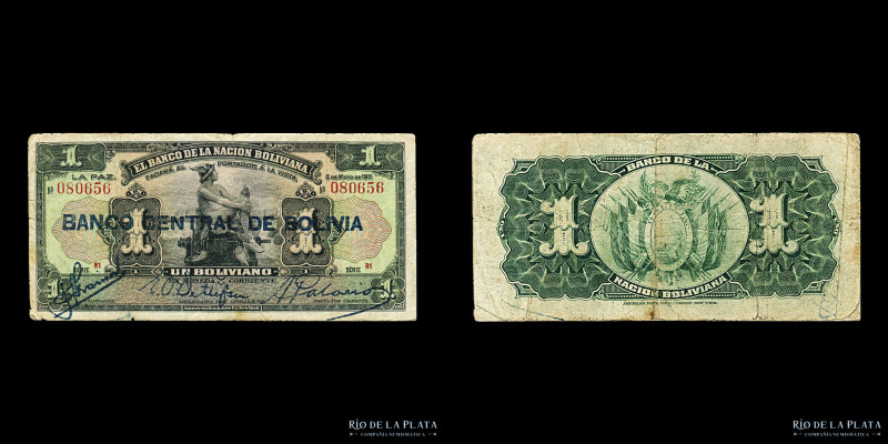 Bolivia. Banco Central. 1 Boliviano 1911. Serie R1, resello BANCO CENTRAL DE BOL...