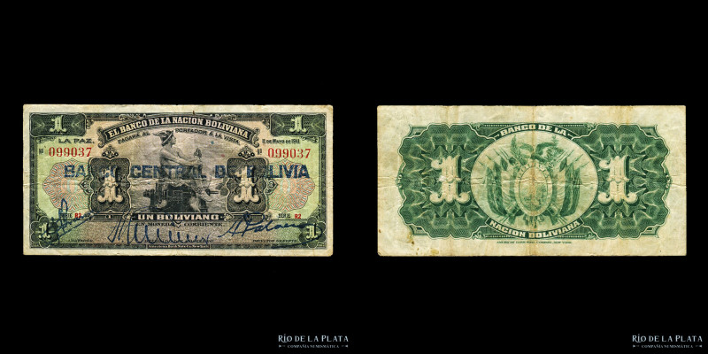 Bolivia. Banco Central. 1 Boliviano 1911. Serie R2, resello BANCO CENTRAL DE BOL...