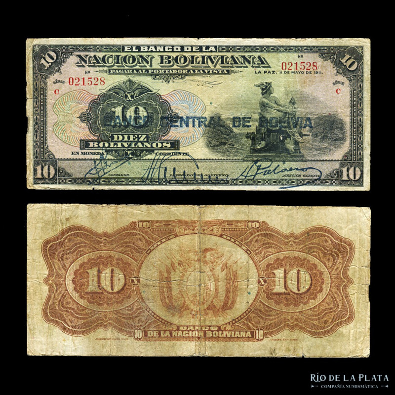 Bolivia. Banco Central. 10 Bolivianos 1911. Serie C, resello BANCO CENTRAL DE BO...