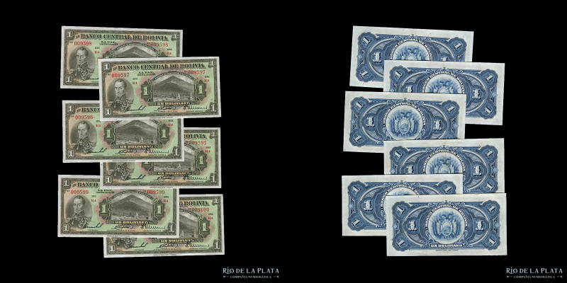 Bolivia. Banco Central. 6x1 Boliviano 1928 Consecutivos. Serie R4. Pick 118a (aU...